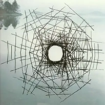 sculpture circulaire faite de branches posée sur l’eau par Andy Goldsworthy