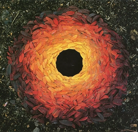 sculpture sur le sol en couronne de feuilles jaunes à pourpres par Andy Goldsworthy